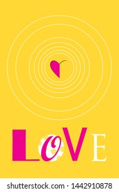 Festive poster with the word love and hearts on a bright background. Design template for Valentine's Day.