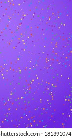 Festive precious confetti. Celebration stars. Colorful confetti on violet background. Good-looking festive overlay template. Vertical vector background.