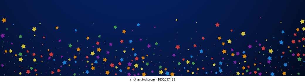 Festive precious confetti. Celebration stars. Joyous stars on dark blue background. Adorable festive overlay template. Panoramic vector background.