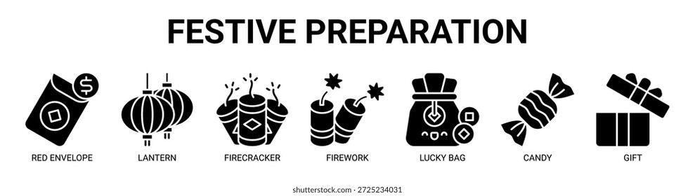 Preparação festiva web banner ícone vetor ilustração conceito com ícone de envelope vermelho, lanterna, foguete, saco de sorte, doce e presente.