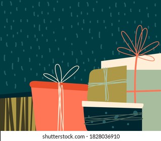 Cajas actuales festivas, regalos, papel de envolvimiento. Navidad,Tarjeta de felicitación de Año Nuevo Feliz.XMas Plantilla de fondo. Banner Festive Elements. Invitación Festividades De Invitación En Invierno. Ilustración del vector plano volante