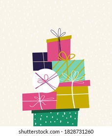 Cajas actuales festivas, regalos, papel de envolvimiento. Navidad,Tarjeta de felicitación de Año Nuevo Feliz.XMas Plantilla de fondo. Banner Festive Elements. Invitación Festividades De Invitación En Invierno. Ilustración del vector plano volante