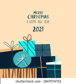 Festive Present Boxes, Gifts, Wrapping Paper. Christmas,Happy New Year Greeting Card.Handwritten Calligraphy.XMas Template Wallpaper.Banner Festive Invitation.Winter Holidays. Flat Vector Illustration