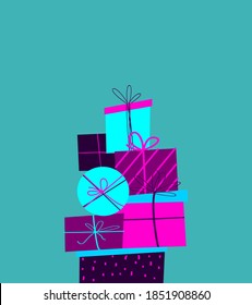 Cajas actuales festivas, regalos, papel de envolvimiento. Navidad,Tarjeta de felicitación de Año Nuevo Feliz.Caligrafía manuscrita.XMas Hoja de escritorio de plantilla.Invitación festiva de banner.Vacaciones de invierno. Ilustración de vectores planos