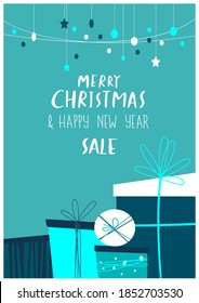 Festive Present Boxes, Gifts, Wrapping Paper. Christmas,Happy New Year Greeting Card.Handwritten Calligraphy.XMas Template Wallpaper.Banner Festive Invitation.Winter Holidays. Flat Vector Illustration