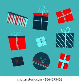 Festive Present Boxes, Gifts, Wrapping Paper. Christmas,Happy New Year Greeting Card.XMas Template Wallpaper. Banner Festive Elements. Invitation Picure Winter Holidays. Flyer Flat Vector Illustration