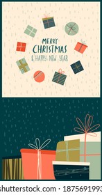 Festive Present Boxes, Gifts, Wrapping Paper. Christmas,Happy New Year Greeting Card.Handwritten Calligraphy.XMas Template Wallpaper.Banner Festive Invitation.Winter Holidays. Flat Vector Illustration