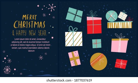Feierliche Geschenke, Geschenke, Packpapier. Weihnachten, Frohes neues Jahr Grußkarte.Handgeschriebene Kalligrafie.XMas Template Wallpaper.Banner Feste Einladung.Winter Feiertage. Flache Vektorgrafik