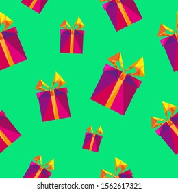 Festive presents box triangle shape seamless pattern backgrounds. Wrapping paper template. Polygonal design illustration. 