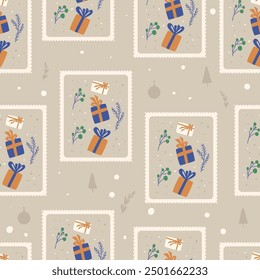 Festive presents seamless pattern. Winter holiday gifts post stamps arch repeat background. Happy New Yea retro stickers endless design. Vector illustration.