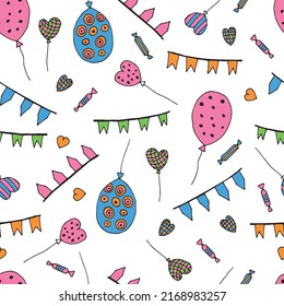Festive print. Seamless holiday pattern with balloons. Candies and hearts on a white background. Vector. Textile. Wrapping paper. Textile . Freehand drawing