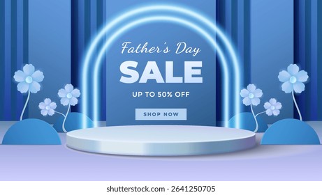 Festive promotional event flyer for Fathers Day featuring discount message, floral elements, and a vibrant blue theme. Perfect for seasonal advertisements and online marketing promotions.