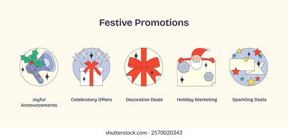 Festive Promotions with gifts, megaphone, and Santa hat symbolize celebration and marketing. Neubrutalism style