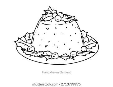 Delicia festiva del pudín: una encantadora ilustración dibujada a mano captura la esencia de un postre navideño, adornado con hojas de acebo y bayas festivas.