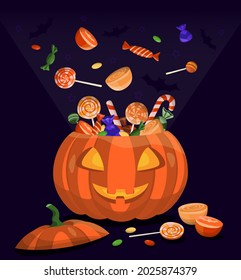 festive pumpkin with candy, halloween, vector image