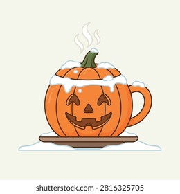 A festive pumpkin mug illustration with snow.