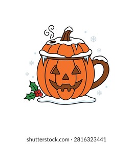 A festive pumpkin shaped coffee mug covered in snow with holly berries on a white background.