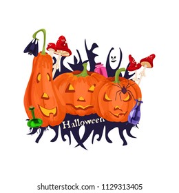 Festive pumpkins with potion, fly agarics and bats