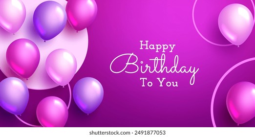 Festive purple background with floating balloons and elegant "Happy Birthday To You" script. Perfect for birthday celebrations and greetings.