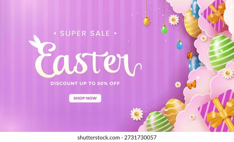 Una Plantilla de fondo púrpura festiva con un anuncio de venta súper para Pascua, decorado con coloridos huevos tridimensionales, nubes estilizadas y regalos envueltos para la comercialización de primavera.