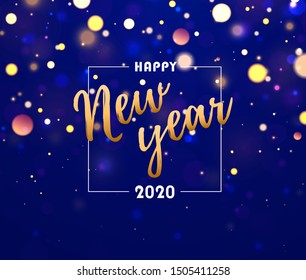 Festive purple, blue and golden luminous background with colorful lights bokeh. Christmas concept Xmas greeting card. Magic holiday poster, banner. Happy new year Vector Light abstract 2020