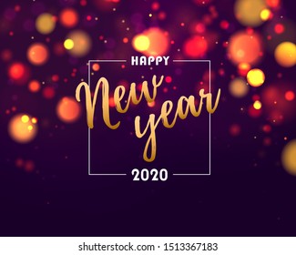 Festive purple, blue and golden luminous background with colorful lights bokeh. Christmas concept Xmas greeting card. Magic holiday poster, banner. Happy new year Vector Light abstract 2020