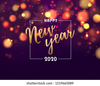 Festive purple, blue and golden luminous background with colorful lights bokeh. Christmas concept Xmas greeting card. Magic holiday poster, banner. Happy new year Vector Light abstract 2020