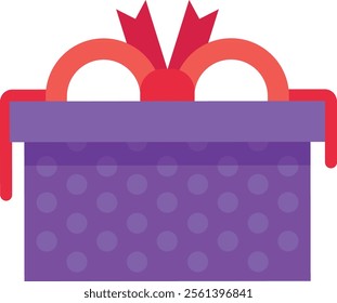 Festive purple gift box with pink polka dots is adorned with a vibrant red ribbon and bow, creating a cheerful and celebratory presentation for any special occasion