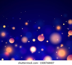 Festive purple, golden, blue luminous background with colorful lights bokeh. Christmas concept Xmas greeting card. Magic holiday poster, banner. Night bright gold sparkles Vector Light abstract
