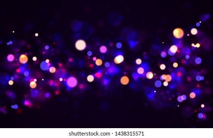 Festive purple and golden luminous background with golden colorful lights bokeh. Christmas concept Xmas greeting card. Magic holiday poster, banner. Night bright gold sparkles Vector Light abstract 