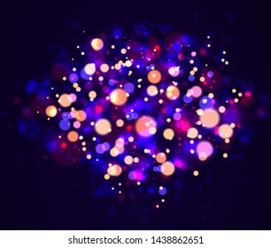 Festive purple and golden luminous background with golden colorful lights bokeh. Christmas concept Xmas greeting card. Magic holiday poster, banner. Night bright gold sparkles Vector Light abstract 