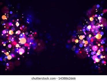 Festive purple and golden luminous background with golden colorful lights bokeh. Christmas concept Xmas greeting card. Magic holiday poster, banner. Night bright gold sparkles Vector Light abstract 