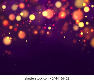 Festive purple and golden luminous background with colorful lights bokeh. Christmas concept Xmas greeting card. Magic holiday poster, banner. Night bright gold sparkles Vector Light abstract