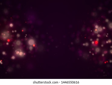 Festive purple and golden luminous background with golden colorful lights bokeh. Christmas concept Xmas greeting card. Magic holiday poster, banner. Night bright gold sparkles Vector Light abstract 