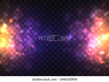 Festive purple and golden luminous background with golden colorful lights bokeh. Christmas concept Xmas greeting card. Magic holiday poster, banner. Night bright gold sparkles Vector Light abstract