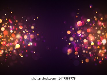 Festive purple and golden luminous background with golden colorful lights bokeh. Christmas concept Xmas greeting card. Magic holiday poster, banner. Night bright gold sparkles Vector Light abstract