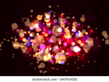 Festive purple and golden luminous background with golden colorful lights bokeh. Christmas concept Xmas greeting card. Magic holiday poster, banner. Night bright gold sparkles Vector Light abstract 