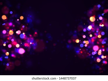 Festive purple and golden luminous background with  colorful lights bokeh. Christmas concept Xmas greeting card. Magic holiday poster, banner. Night bright gold sparkles Vector Light abstract 