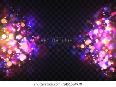 Festive purple and golden luminous background with golden colorful lights bokeh. Christmas concept Xmas greeting card. Magic holiday poster, banner. Night bright gold sparkles Vector Light abstract