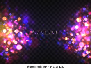 Festive purple and golden luminous background with golden colorful lights bokeh. Christmas concept Xmas greeting card. Magic holiday poster, banner. Night bright gold sparkles Vector Light abstract