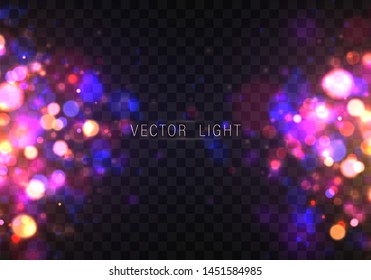 Festive purple and golden luminous background with golden colorful lights bokeh. Christmas concept Xmas greeting card. Magic holiday poster, banner. Night bright gold sparkles Vector Light abstract