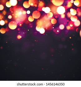 Festive purple and golden luminous background with golden colorful lights bokeh. Christmas concept Xmas greeting card. Magic holiday poster, banner. Night bright gold sparkles Vector Light abstract