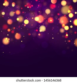 Festive purple and golden luminous background with colorful lights bokeh. Christmas concept Xmas greeting card. Magic holiday poster, banner. Night bright gold sparkles Vector Light abstract