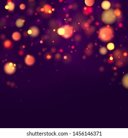 Festive purple and golden luminous background with colorful lights bokeh. Christmas concept Xmas greeting card. Magic holiday poster, banner. Night bright gold sparkles Vector Light abstract