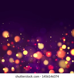 Festive purple and golden luminous background with colorful lights bokeh. Christmas concept Xmas greeting card. Magic holiday poster, banner. Night bright gold sparkles Vector Light abstract