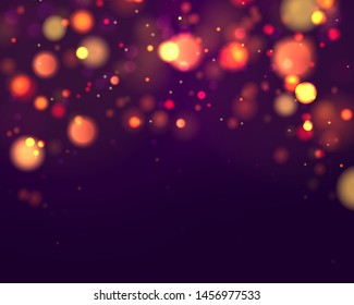 Festive purple and golden luminous background with colorful lights bokeh. Christmas concept Xmas greeting card. Magic holiday poster, banner. Night bright gold sparkles Vector Light abstract