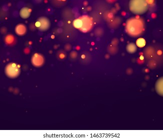 Festive purple and golden luminous background with colorful lights bokeh. Christmas concept Xmas greeting card. Magic holiday poster, banner. Night bright gold sparkles Vector Light abstract