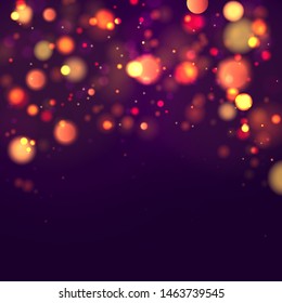 Festive purple and golden luminous background with colorful lights bokeh. Christmas concept Xmas greeting card. Magic holiday poster, banner. Night bright gold sparkles Vector Light abstract