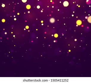 Festive purple and golden luminous background with colorful lights bokeh. Christmas concept Xmas greeting card. Magic holiday poster, banner. Night bright gold sparkles Vector Light abstract