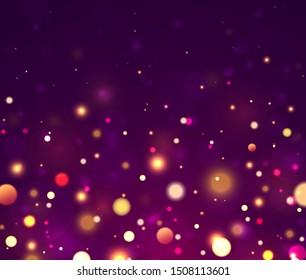 Festive purple and golden luminous background with colorful lights bokeh. Christmas concept Xmas greeting card. Magic holiday poster, banner. Night bright gold sparkles Vector Light abstract